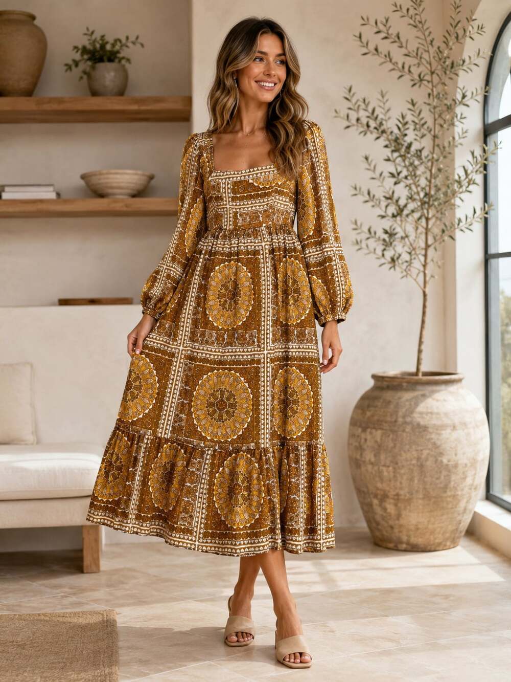 In Loom Smocked Bust Midi Dress Medium Boho Medallion Print Mustard Long Sleeve
